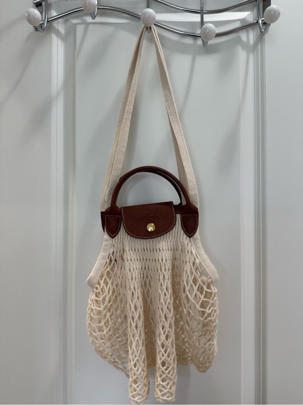 Longchamp Cream Mesh Tote with Brown Trim and Gold Button